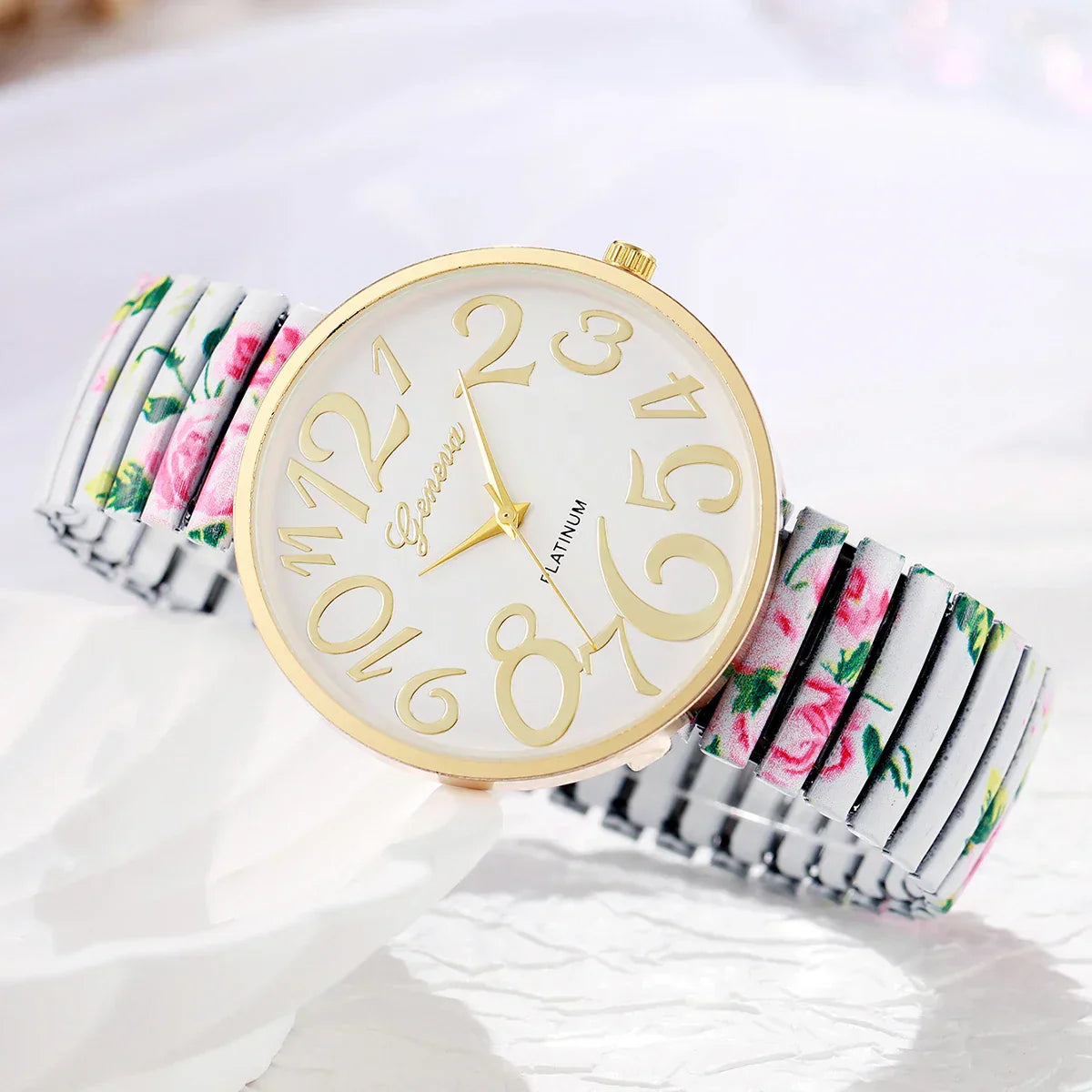 1/2/3/4PCS Fashion Flowers Printed Women Watch Luxury Elastic Strap Arabic Quartz Watches Reloj Mujer Girls Clock（Without Box）