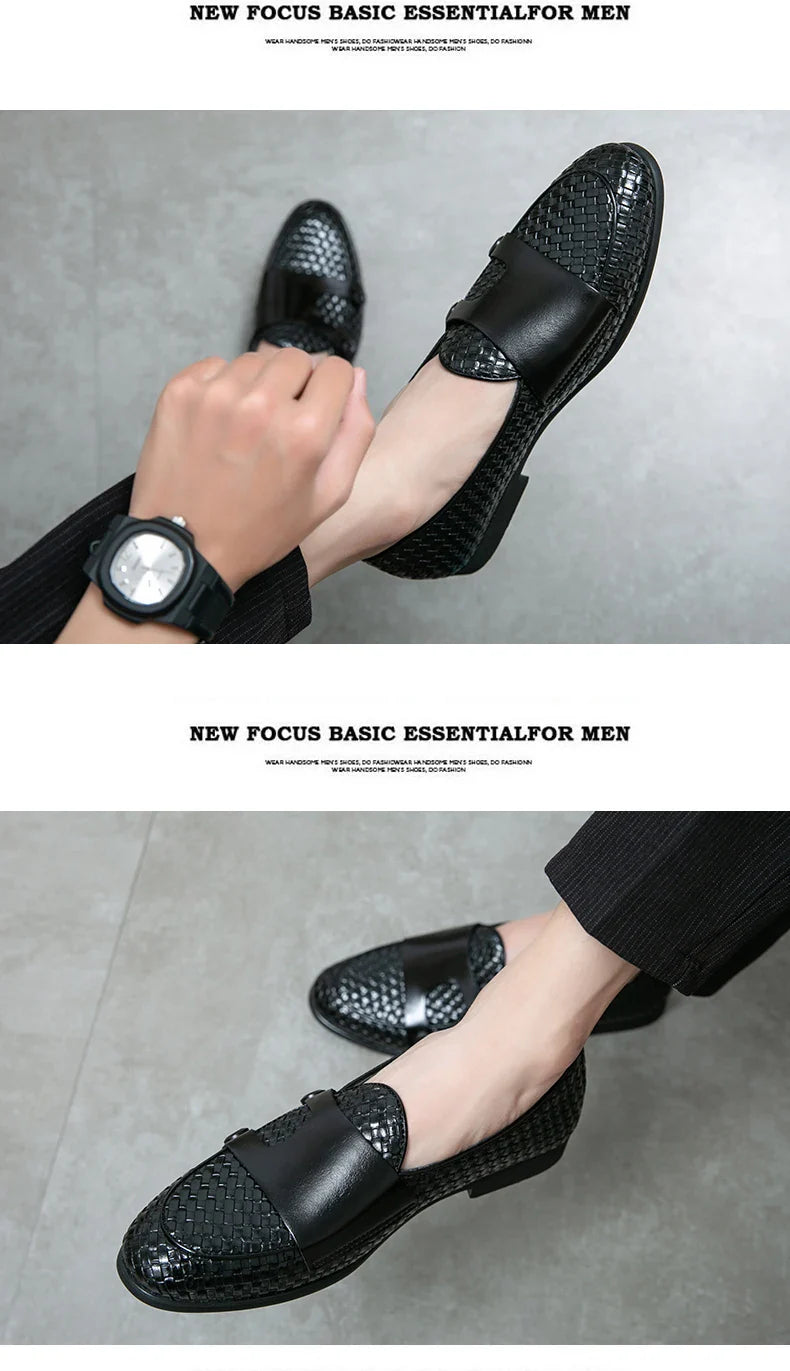 British Style Weave Pattern Microfiber Leather Monk Shoes Mens Buckle Party Wedding Loafers Moccasins Men Driving Flats