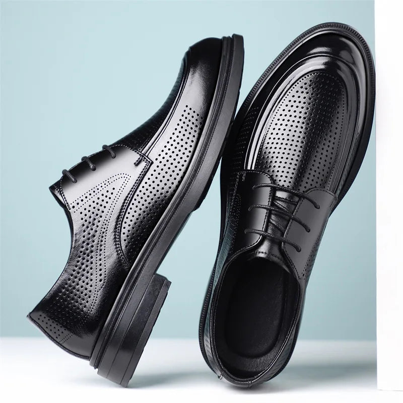 New Lace Designer Derby Shoes for Man Hallow Breathable Business Casual Leather Shoes Male Summer Autumn Fashion Dress Shoe Man
