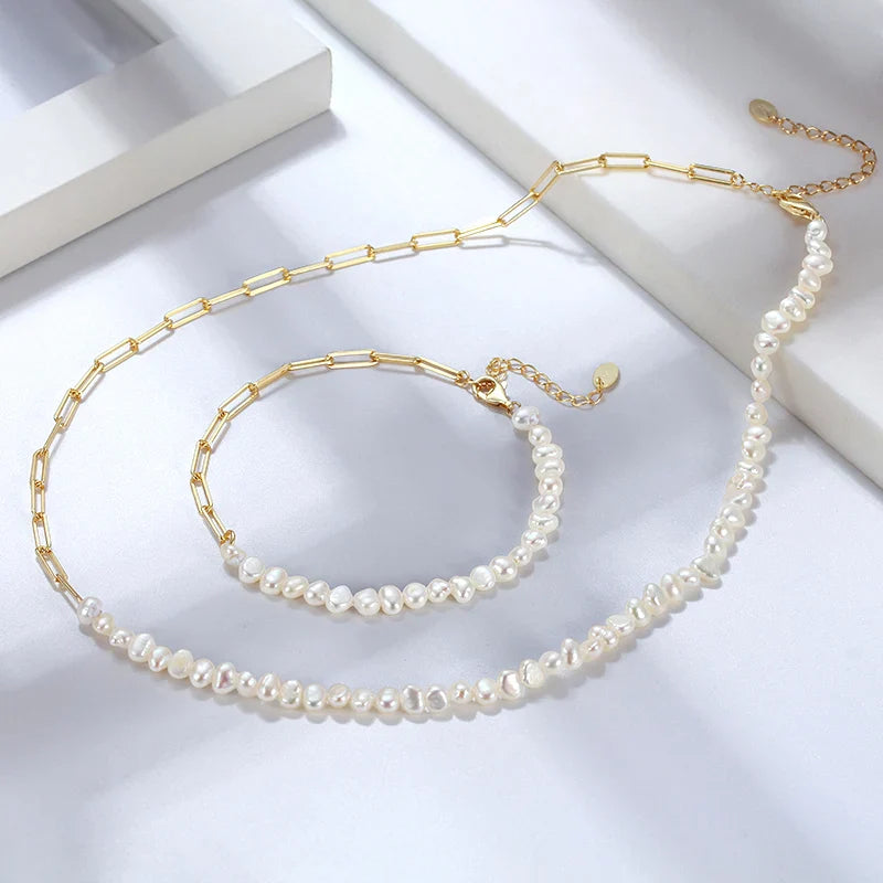 14K Gold 925 Sterling Silver Pearl Necklace with 3-4mm Handmade Natural Baroque Pearl Tiny Chain for Women GPN19