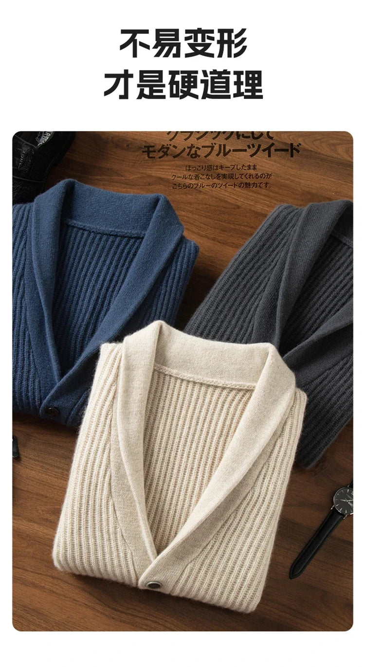 Men's Heavy Thick 100% Pure Cashmere Cardigan Olive Warm Collar High-End Sweater Coat Super Handsome