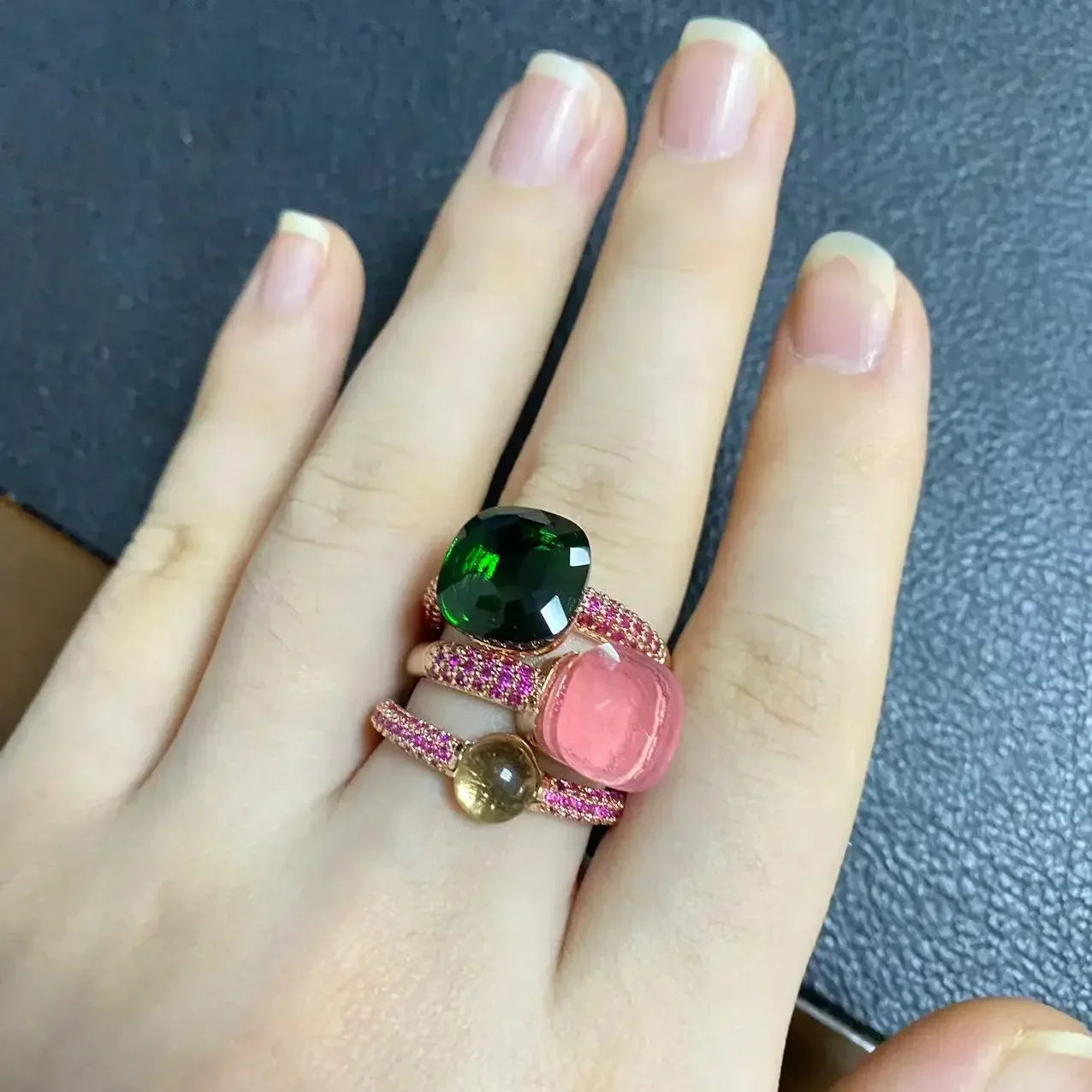 3Pcs/Set Nudo Ring Stacking Set for Women Mix Color Candy Crystal Inlay Zircon Amethyst Blue Topaz Round Jewelry Gift