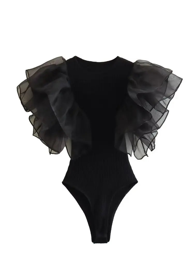 Willshela Women Fashion Black Ruffled Bodysuits Vintage O-Neck Sleeveless Female Chic Lady Tight Tops