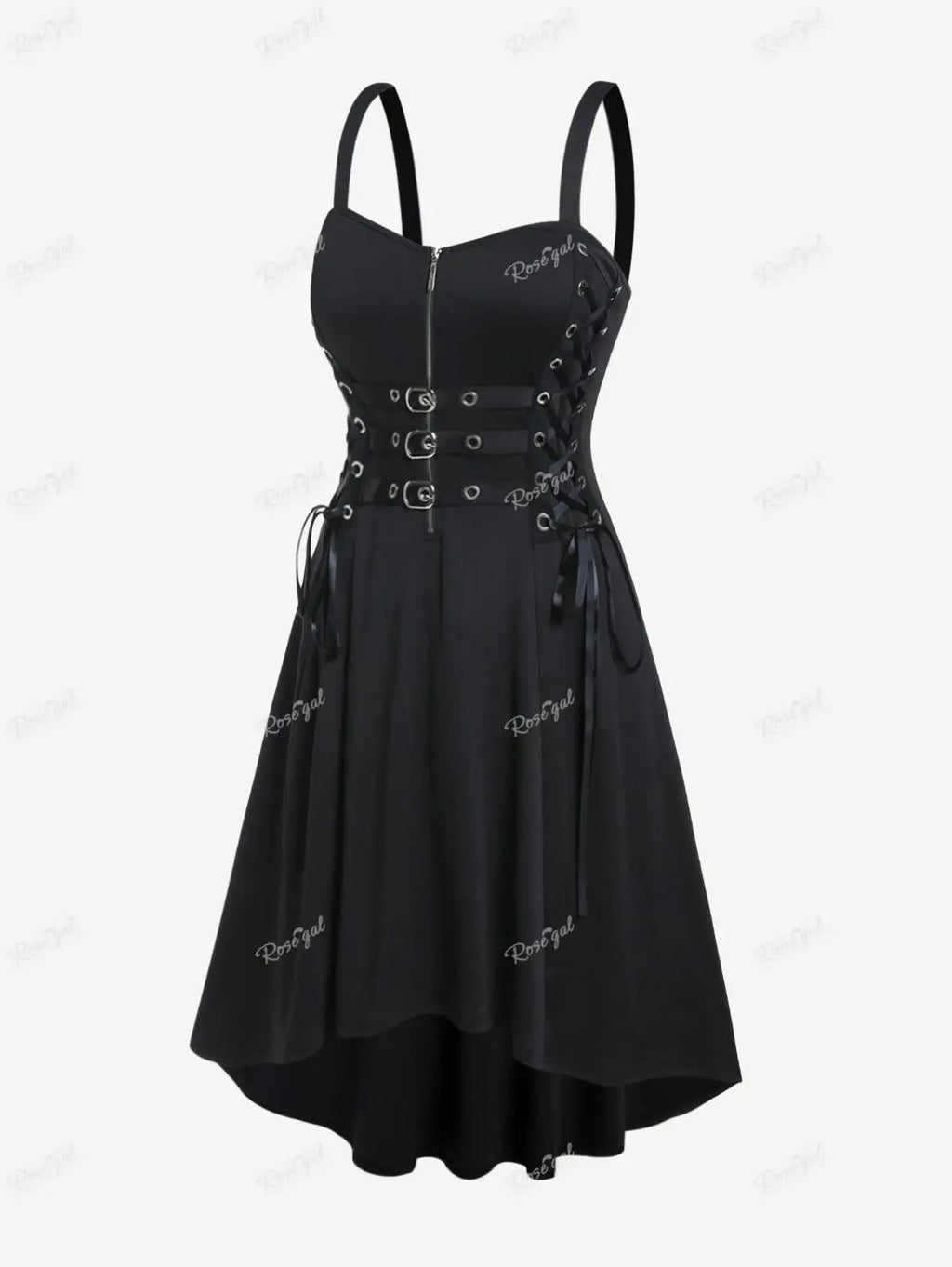 Plus Size Gothic Buckled Lace Up Midi Dress High Waist Sweetheart Neck Asymmetrical Half Zip Sleeveless Party Punk Dress