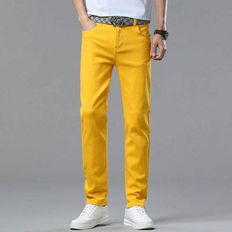2025 Autumn Men's Elastic Colorful Jeans Breathable Casual  Straight Fitted Solid Color Denim Pants Korean Fashion Trousers