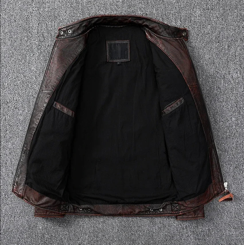 Vintage Brown Coat Classic Biker Style Short Slim Genuine Leather Jacket Men Casual Leather Coat Asian Size 6XL Autumn Wholesale