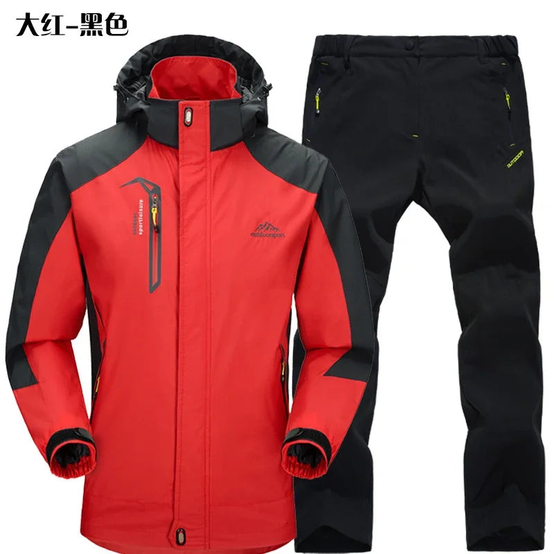 Outdoor Jacket Pants Sets Men Fleece Thermal Waterproof Windproof Hooded Jackets Hiking Military Trip Mountain Camping Clothes