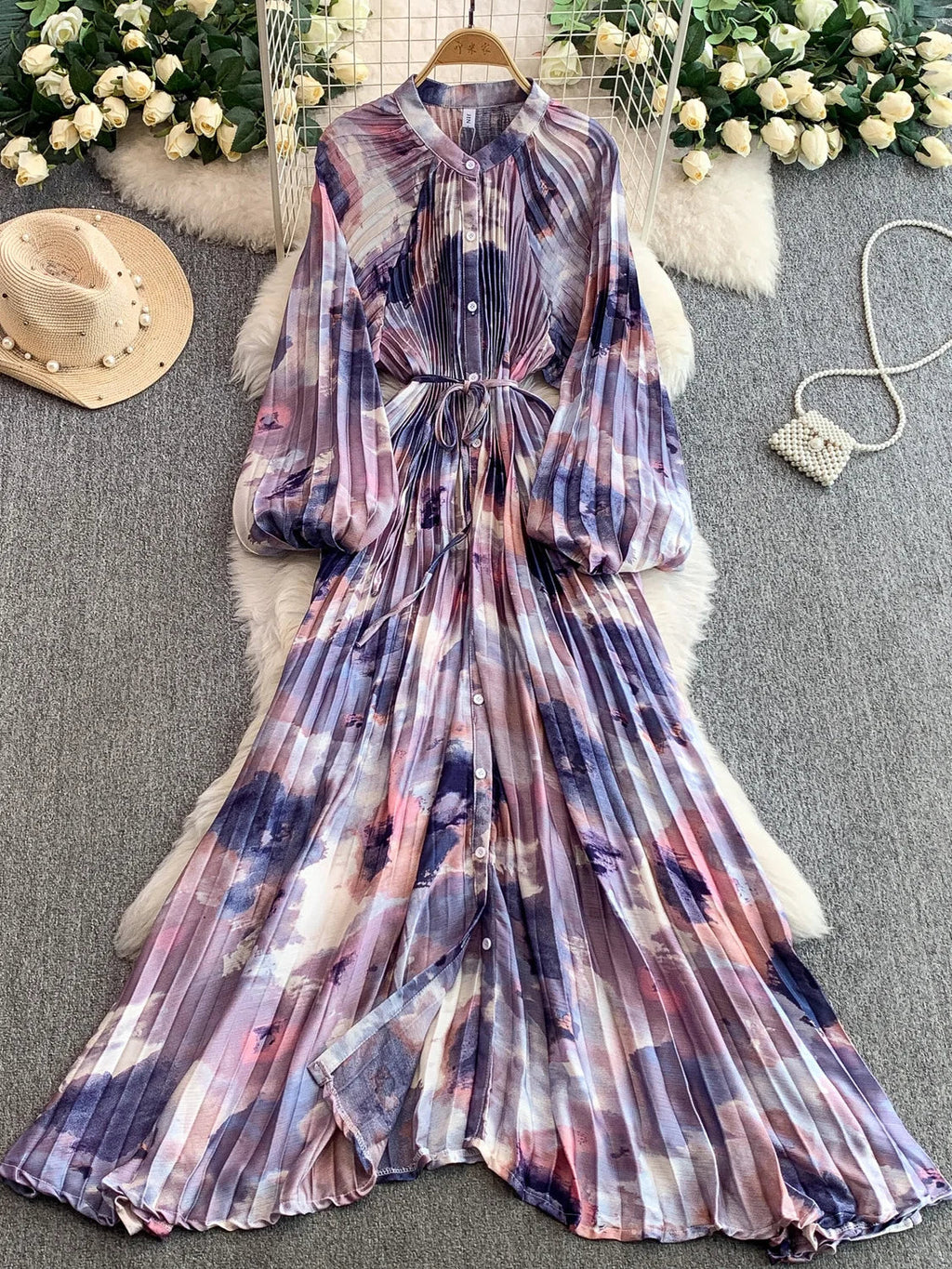 Printed round Ne Lantern Sve Dr Women's Single Button Waist Cinch Maxi Skirt Long Dr Commute Sle Autumn