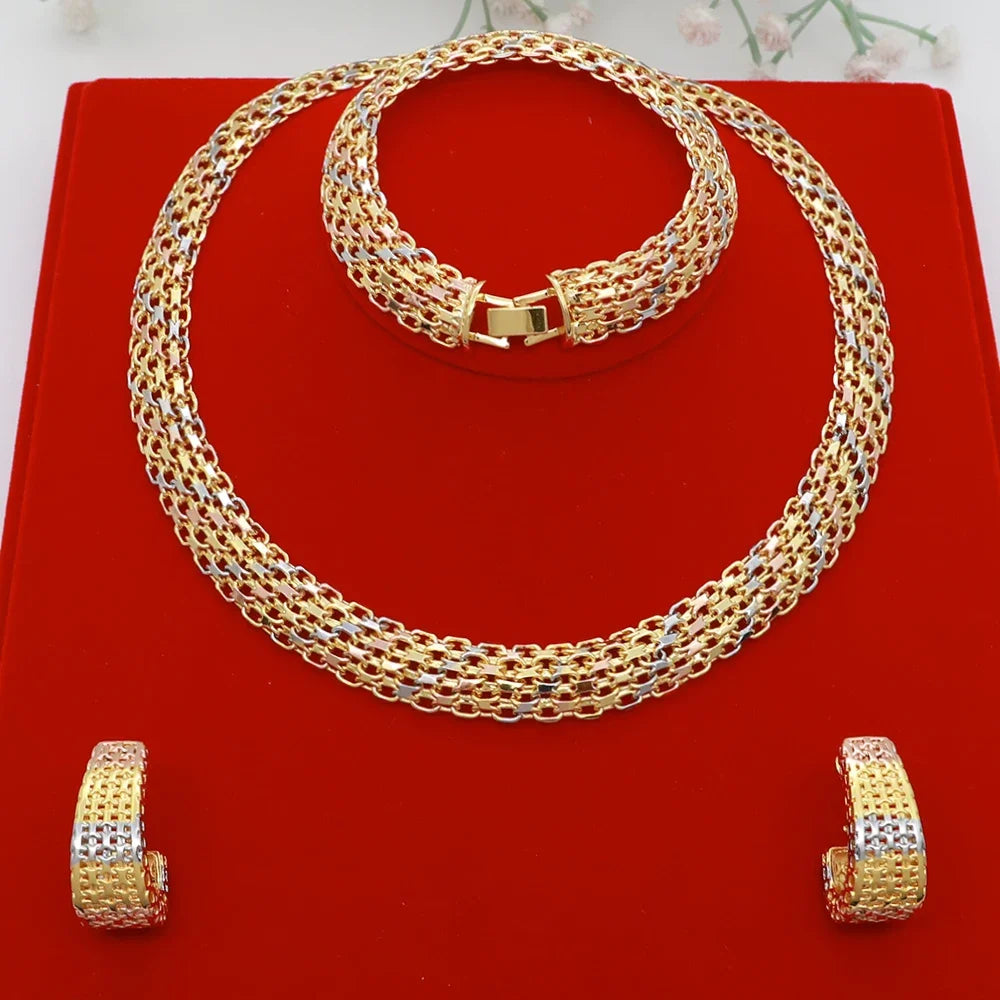 Dubai Luxury Handmade Women Jewelry Set 18k Gold-Plated Chain Necklace Bracelet Stud Earring Full Set Party Wedding Bijoux