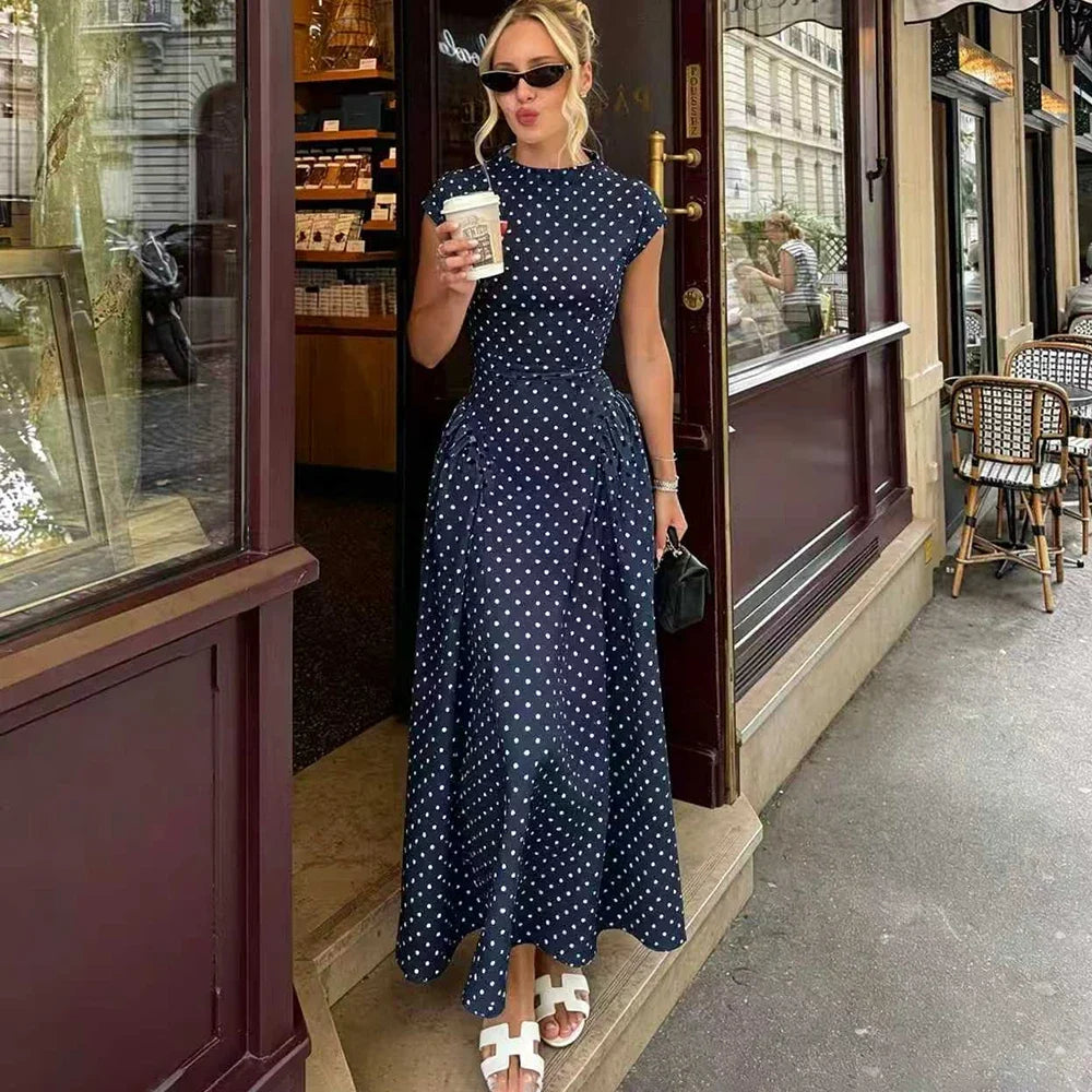 White Polka Dot Long Dress Summer Sexy High-Waisted Vintage Print Sleeveless Dress Casual Party Vacation New Women Dress