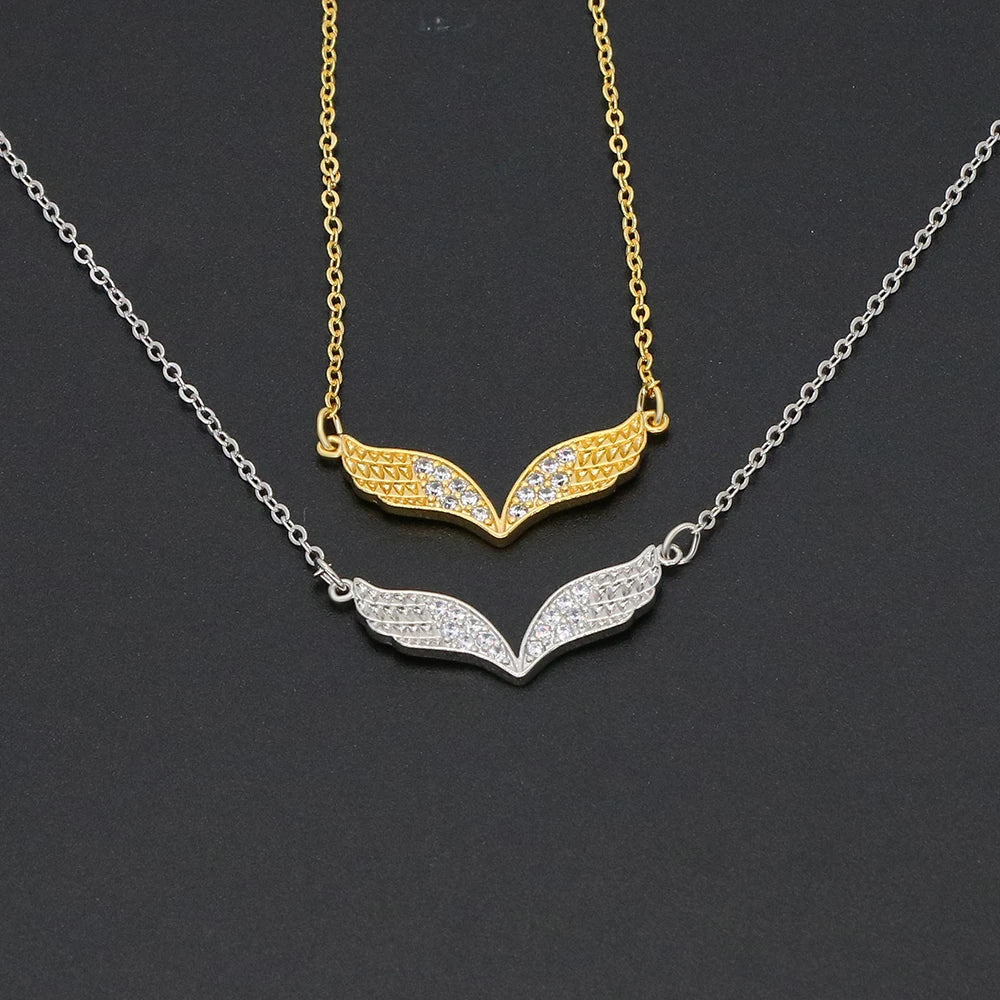Delicate Women 24K Gold Plated Zircon Angel Wing Chain Pendant Necklace