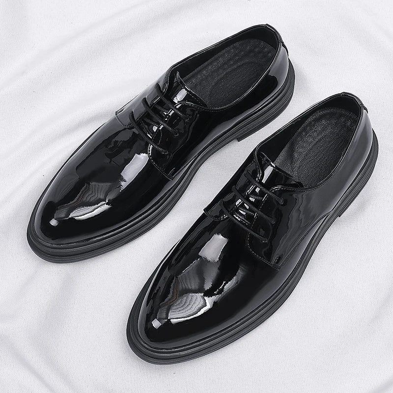 Mens Black Patent Leather Lace Up Dress Shoes With Thick Sole Platform Block Heel Formal Business Wedding Party Office Work Shoe