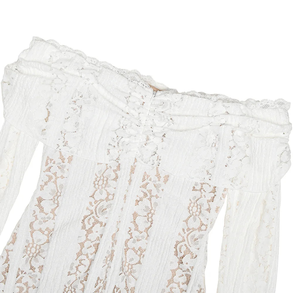 Oligai Elegant Off The Shoulder Bodycon Dress 2024 New in White Flare Sleeve Lace Maxi Dress Wedding Guest Dress for Women