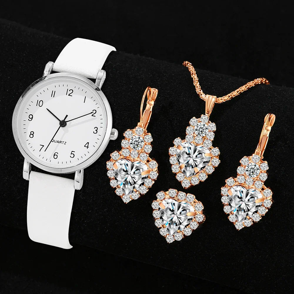 7pcs Women's Watch Fashion Casual Round Pointer Quartz Watch and Necklace Bracelet Ring Earring Set