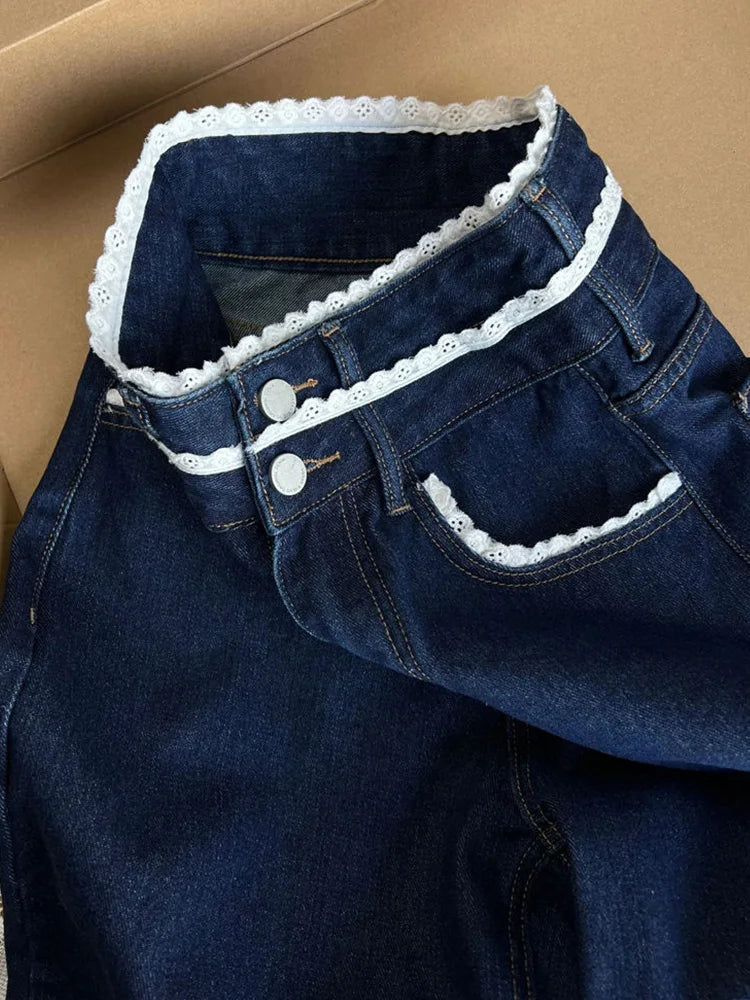 جينز بقصة مستقيمة كاجوال، ملابس شارع، جينز أزرق عتيق مخيط بالدانتيل