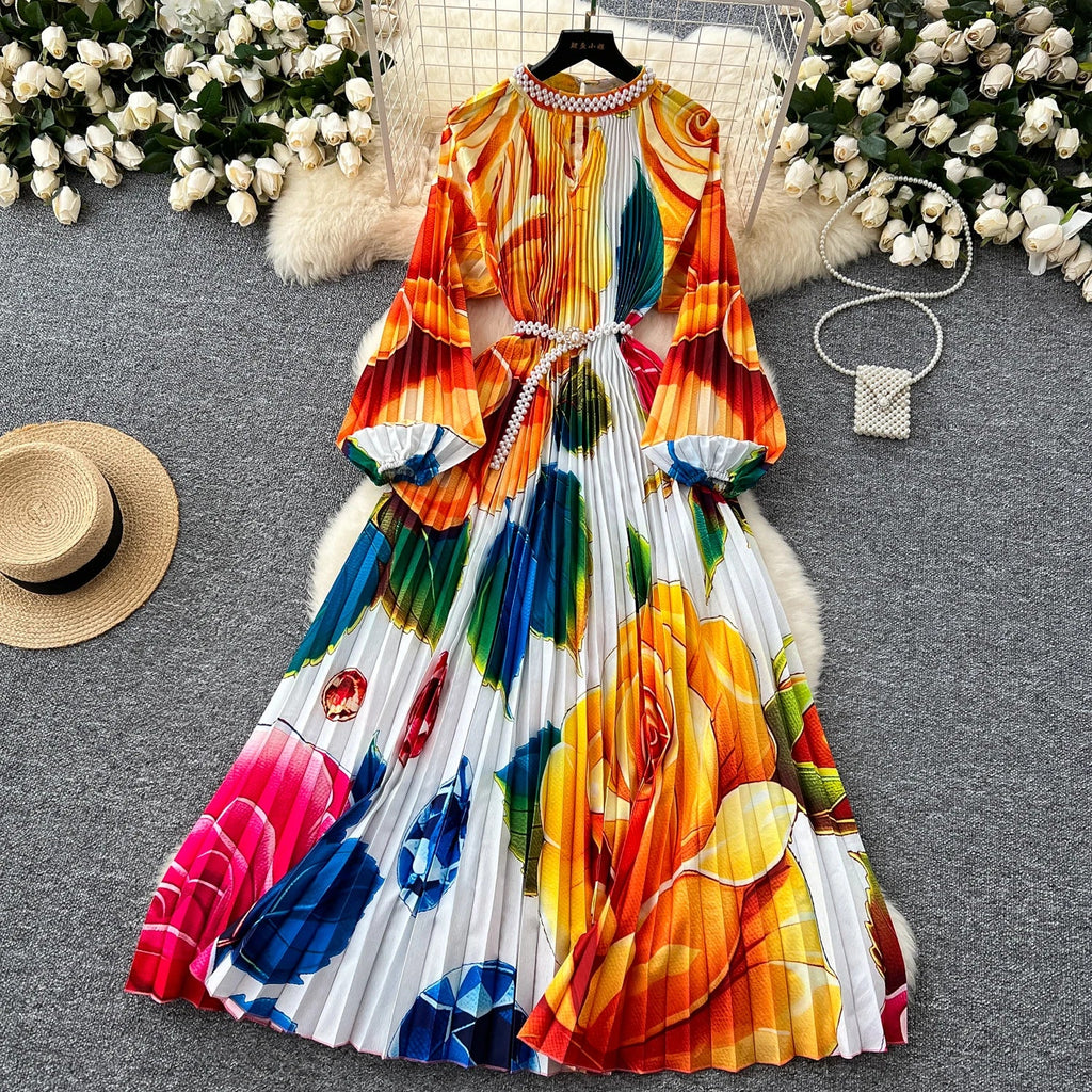 High-End Women's Dr Faionable Beaded round Ne Hollow out Pleated Lantern Sve Waist Cinched Floral Print Lon...