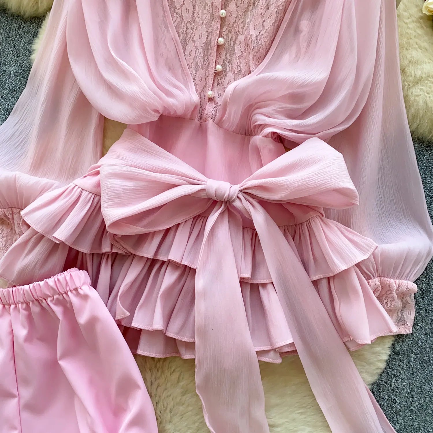 Fairycore Lace Chiffon Dresses With Stretch Shorts Pearl Button Bow Female Ruffles Sheer Seaside Holiday Mini Dress