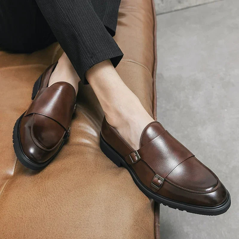 Men Fashion Formal Handmade Monk Shoes Derby  Dress Leather Gentleman Double Buckles Monk Shoes Pointed Wedding Shoes 2024