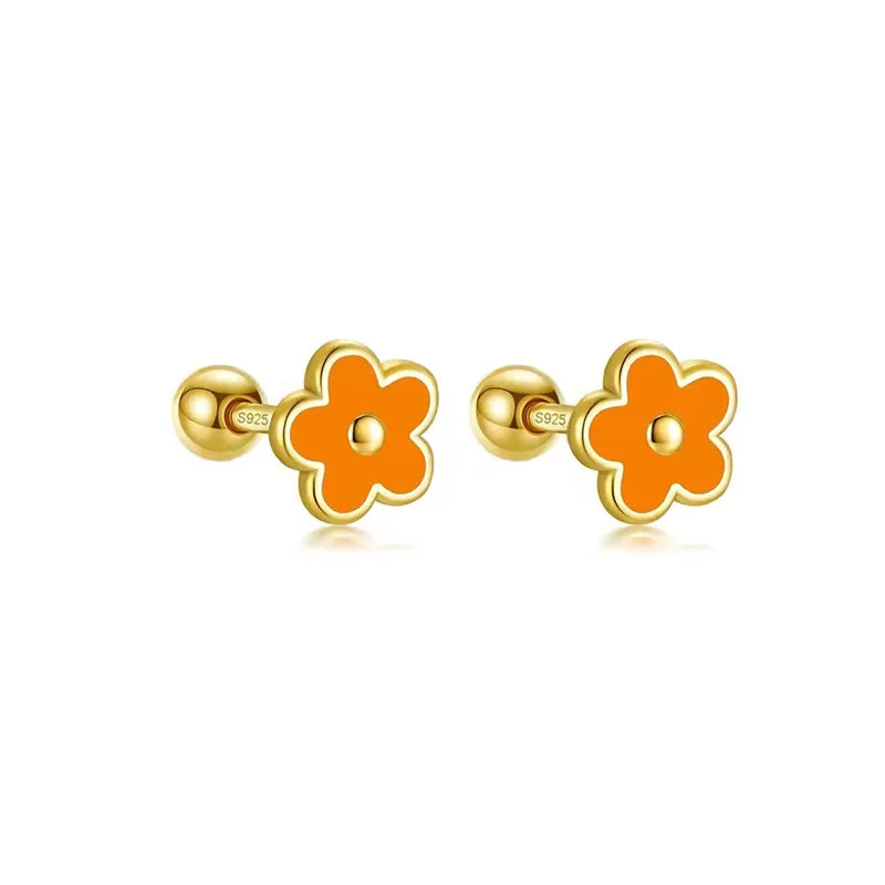 925 Sterling Silver Romantic White Enamel Flower Screw Bead Stud Earrings for Women Fashion Simple Piercing Jewelry Gift