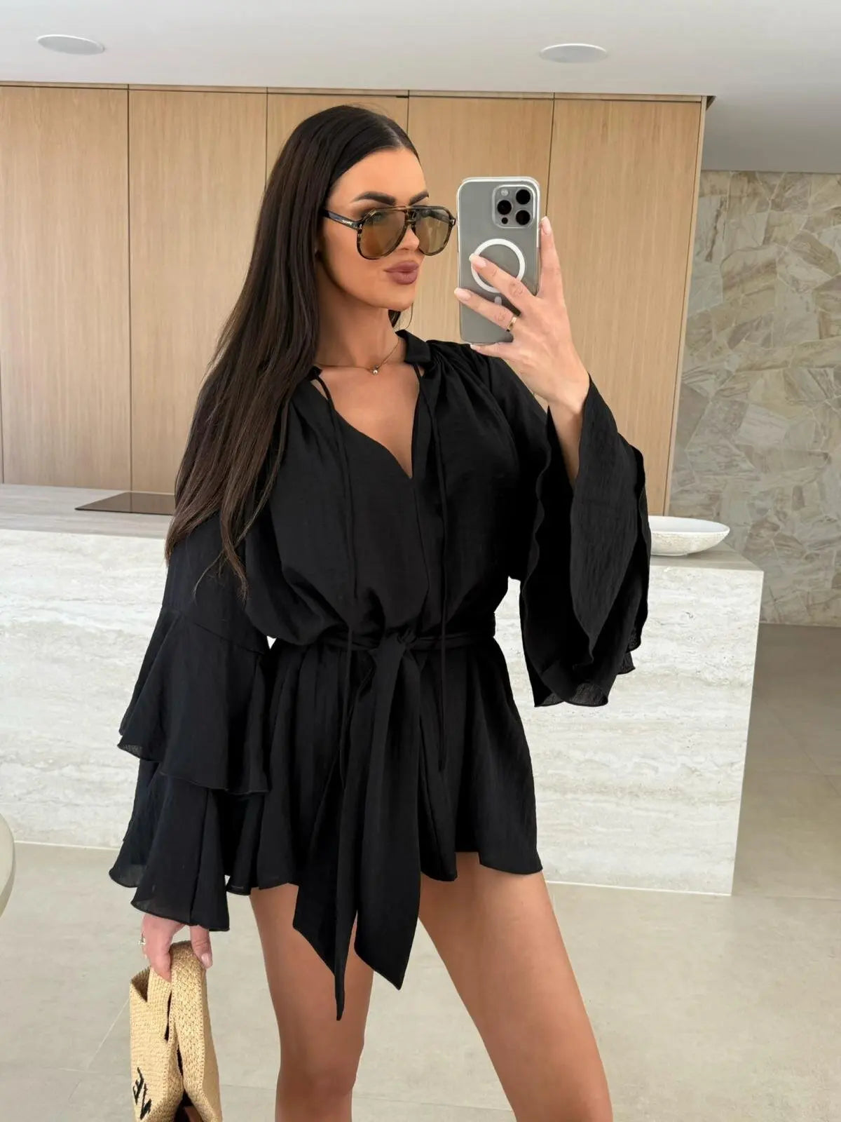 2026 Autumn Ruffle Loose Mini Dress Casual Flare Sleeve Holiday Dresses Sexy Deep V-neck Lace Up Solid Women's Dress Vestidos