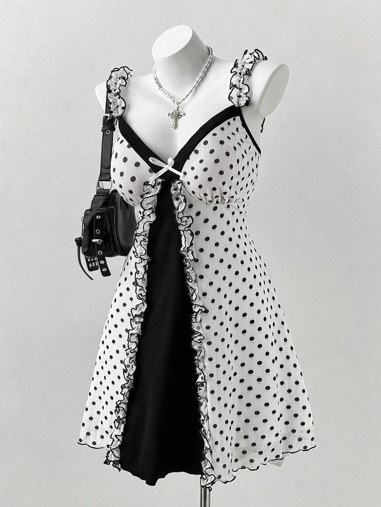 Plus Size Y2K Polka Dot Dress, Ruffle Trim Bow Front Cami Mini Dress, Sexy Sweet Coquette Style Party Dress for Women