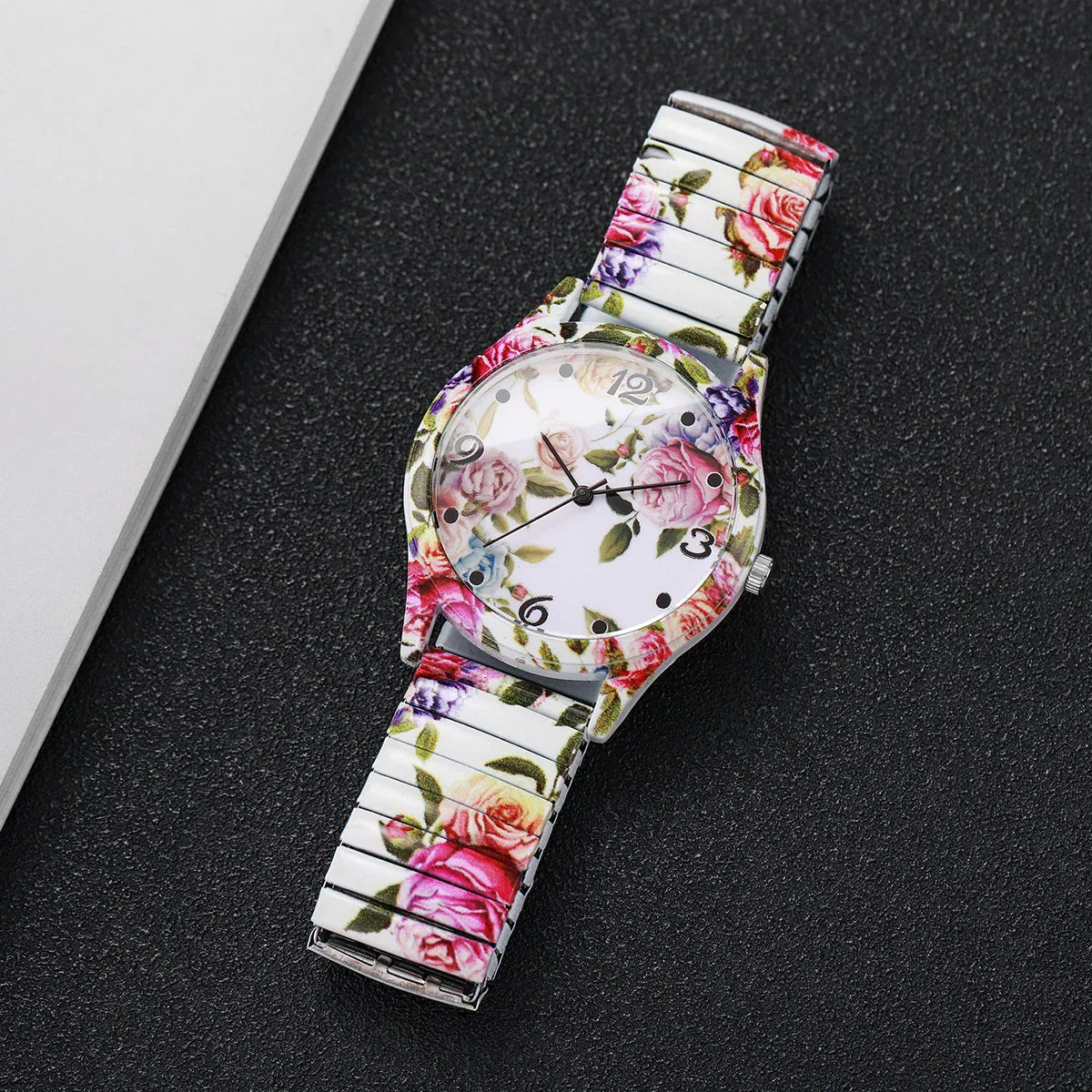 2/3PCS Fashion Flower Printed Women Quartz Wristwatches Set Ladies Casual Elastic Strap Arabic Dial Watch（Without Box）