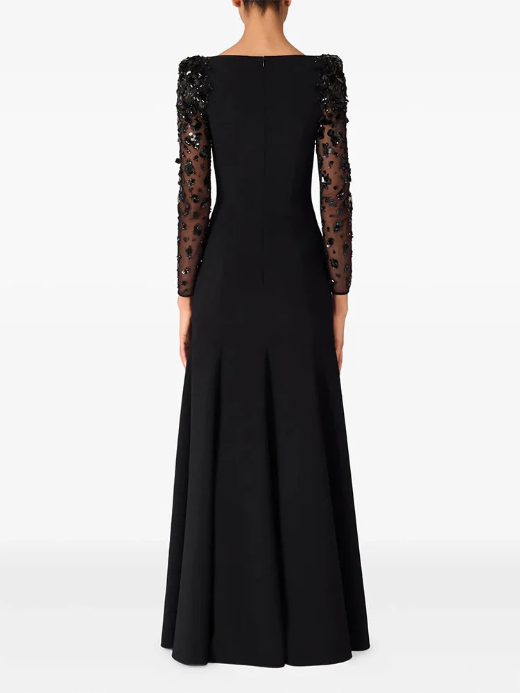 HIGH STREET Newest Fashion 2026 Designer Party Vestido Women's Spliced Mesh Diamonds Beaded Long Sleeved Maxi Long Dress