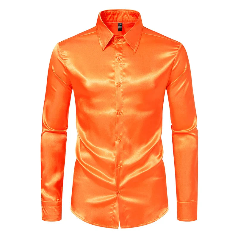 Men's Black Satin Luxury Dress Shirts Fashion Silk Smooth Tuxedo Shirt Solid Wedding Party Prom Casual Shirt Business Office