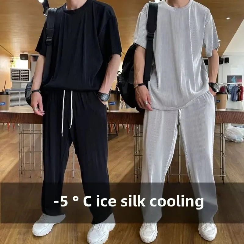 High-End Ice Silk Men's Sports Suit Casual Home Use Long Pants Short Sleeves Quick Drying Top Set Summer Collection