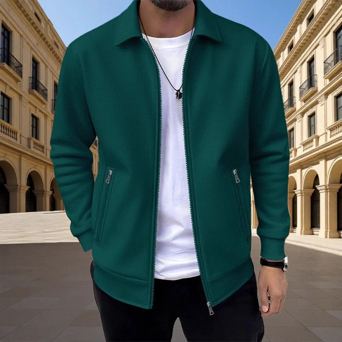 Men's Slim-fit Cardigan Solid-color Lapel Waffle Texture Zipper Pocket Casual Spring/Autumn 2025 Fashion