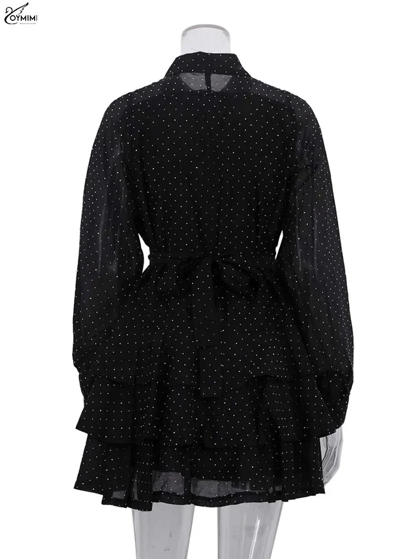 Fashion Black Rhinestone Women's Dress Casual Lapel Long Sleeve Button Dresses Elegant New Lace-Up Pleated Mini Dresses