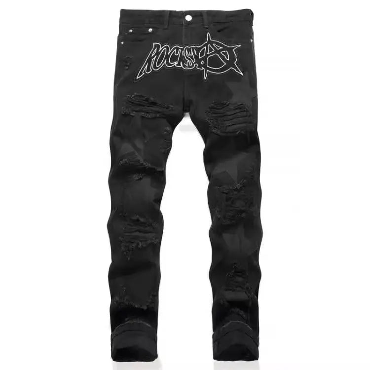 Punk Style Men's Slim Fit Straight Leg Denim Jeans Black Hole Patch Embroidery No Stretch Fashion Urban Casual Cotton Polyest...