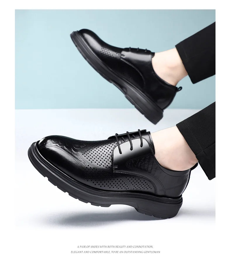 2026 Summer New Men's Cow Leather Oxford Shoes Hollow Out Formal Business Dress Shoes Male Non-slip Fashion Platform Shoe Man