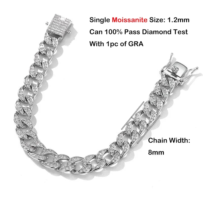 Full 1.2mm D Color Moissanite Cuban Link Bracelet For Men Women Unisex S925 Silver Pass Diamond Test 8mm Wrist Bracelets