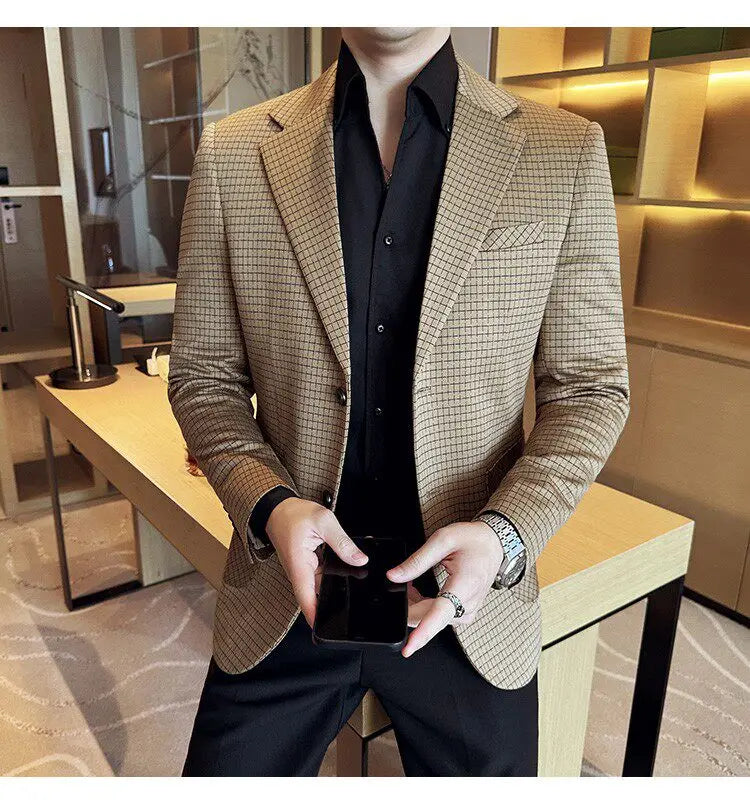 Men's Elegant Grid Suit Jacket 2026 Spring New Fashion Slim Blazer Jackets Social Prom Dress Jacket Men's High Quality Clothing