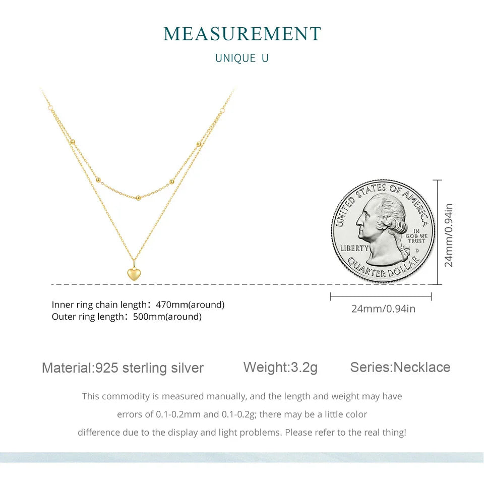 925 Sterling Silver Romantic Heart Pendant Necklace for Women Gold Double Layer Choker Female Fine Jewelry Anniversary