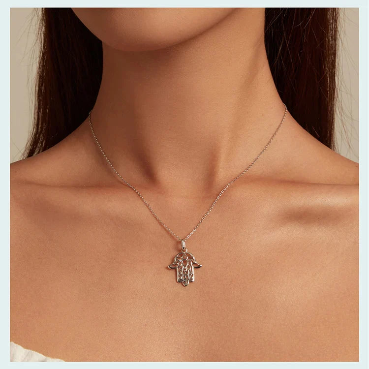 925 Sterling Silver Guardian Fatima's Hand Pendant Necklace Flower Pattern Neck Chian for Women Platinum Plated SCN490