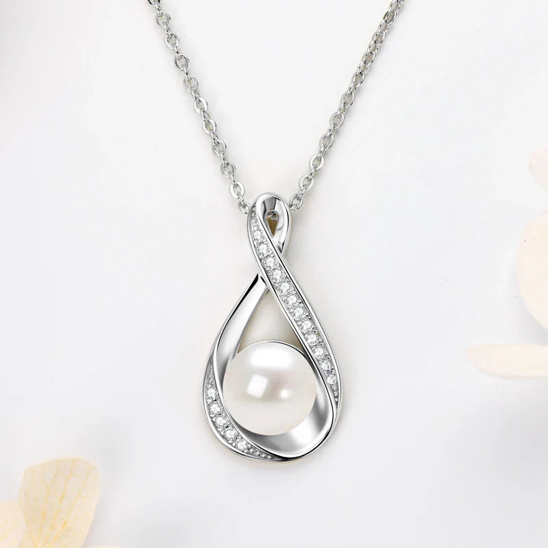 Moissanite Natural Freshwater Pearl Infinity Pendant Necklace & Earrings Sets for Women 925 Sterling Silver Wedding Jewelry Set