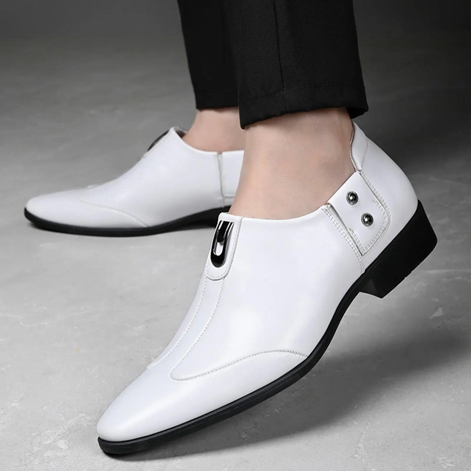 White Men'S Soft Leather Casual Loafers Comfortable Business Work Formal Spring Slip-On Metallic Dress Shoes Sole Polyurethane