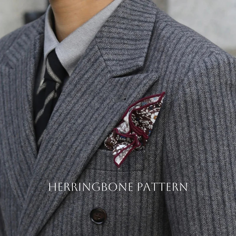 New Thick Style Stripes Herringbone Pattern Men's 2-Piece Suit Double-Breasted Slim Fit Jacket Trousers Vintage Braze Suit