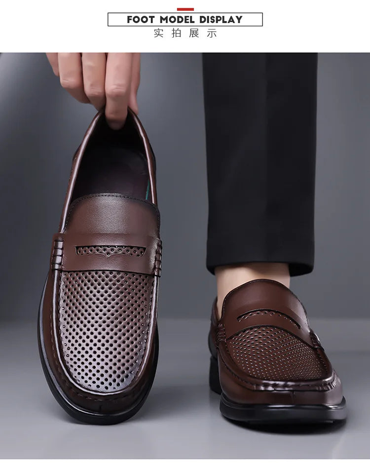 2026 Summer New Men's Breathable Leather Loafers Slip-On Hollow Out Casual Business Casual Shoes for Man Flat Driving Shoes Male