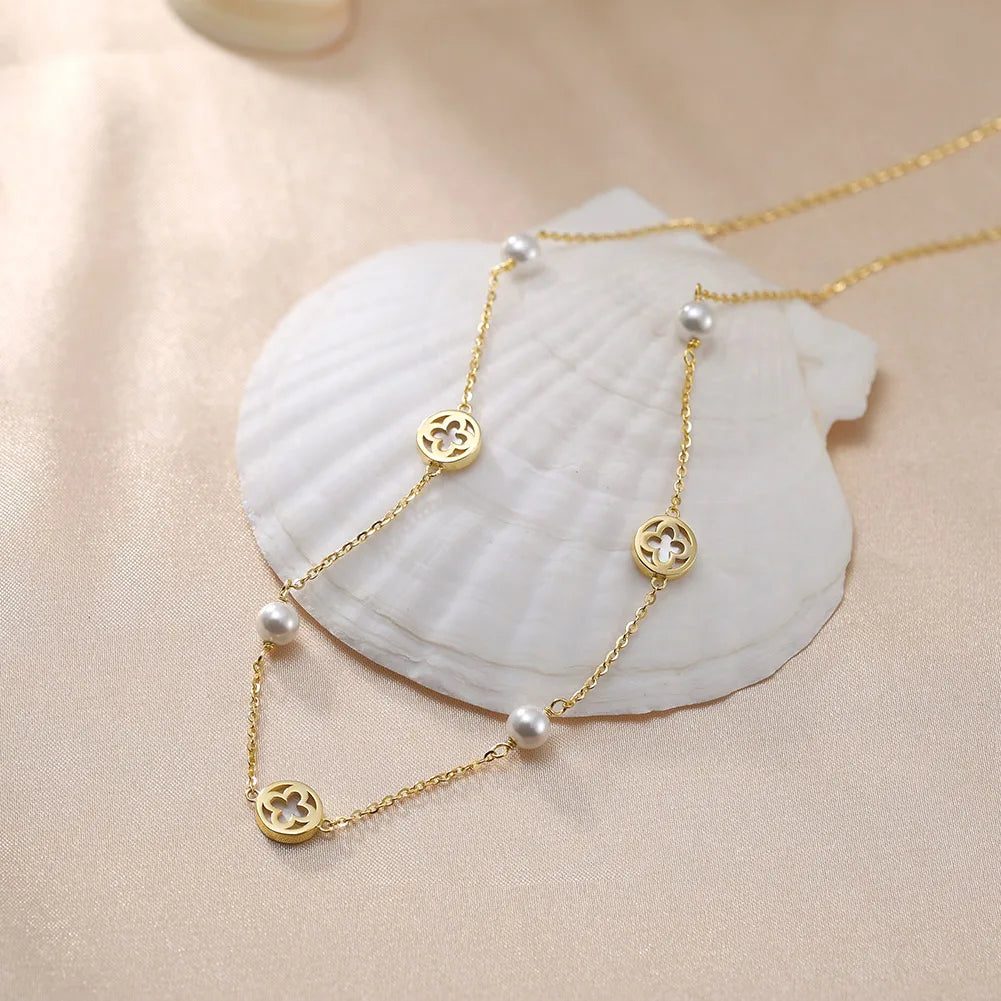 Elegant Ladies 925 Sterling Silver Necklace Four-Leaf Clover Inlaid Shell Decoration Suitable Daily Wear And Gifts