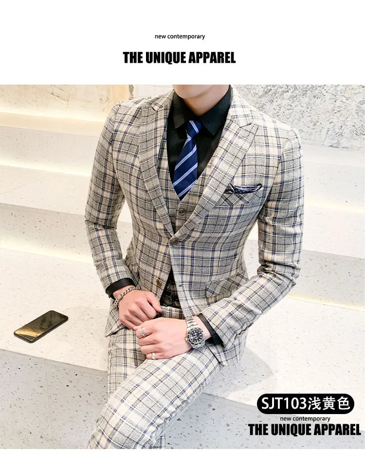( Jackets + Vest + Pants ) New Fashion Boutique Plaid Mens Casual Business Suit Groom Wedding Dress Suit 3pces Set Male Blazer