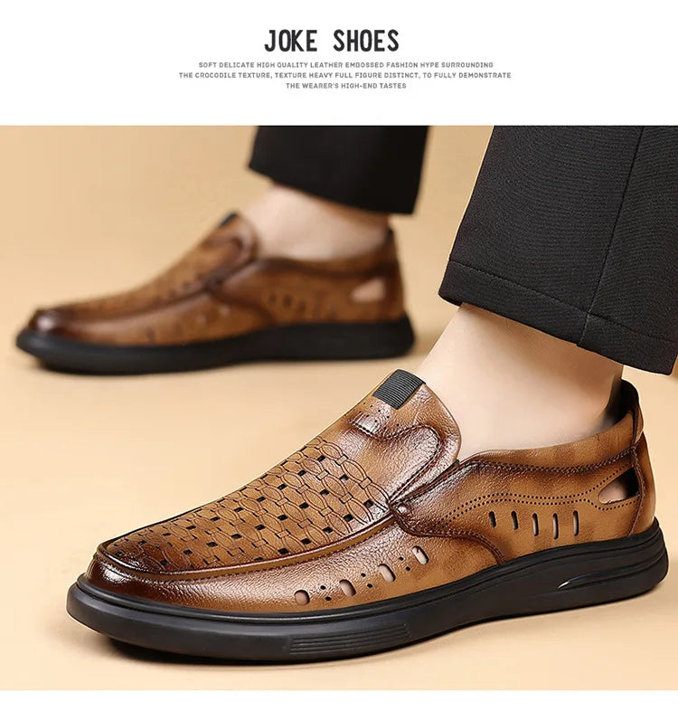 Spring Summer New Hallow Breathable Loafers for Men Fashion Casual Leather Shoes Male Solid Color Soft Sole Designer Shoes Man