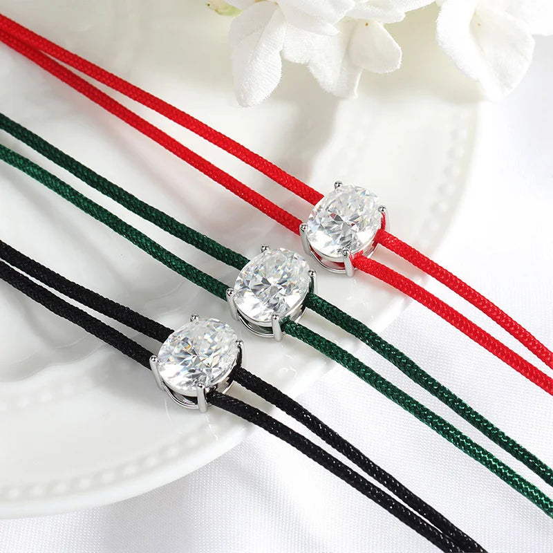 3CT Moissanite Braided Cord Necklace for Women Adjustable Choker Chain Dainty Oval Cut Birthday Gift S925 Pure Silver