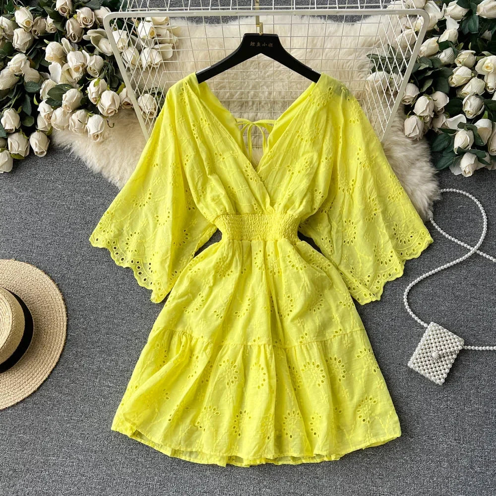 White/Purple/Blue V Neck Summer New Lace Embroidery Dress Women Short Sleeves Dresses Female Vintage Party Beach Midi Dresses