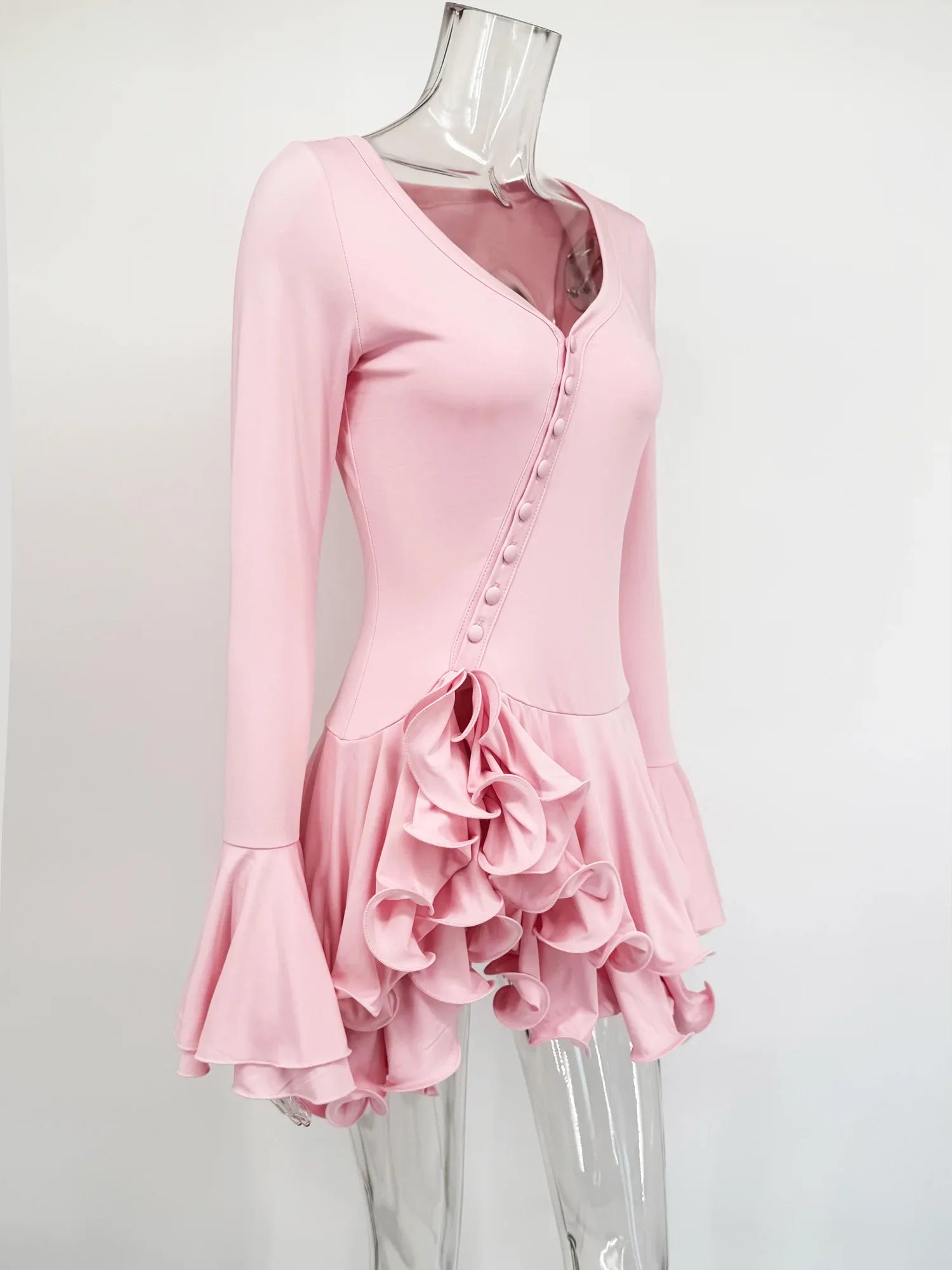 Fashion Ruffled V-Neck Mini Dress Women High Waist Patchwork Sexy Long Sleeve Commute Dress Female Summer Party Bodycon Dress