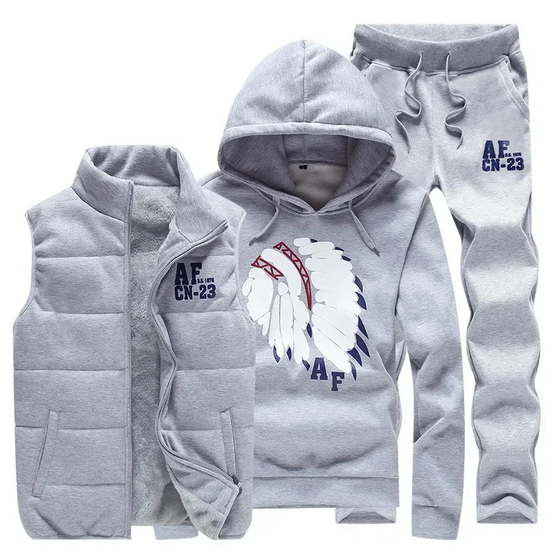 3 Pieces Set Hoodies+Vest+Pants Casual Track Suit Clothing Coats Winter Thick Warm Tracksuit for Couple Printed Mens Set Vest