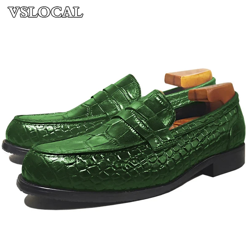 Fashion 5 Colors Men Leather Shoes Green Slip On Croco Prints Casual Mens Dress Shoes Wedding Office Banquet Loafers Men