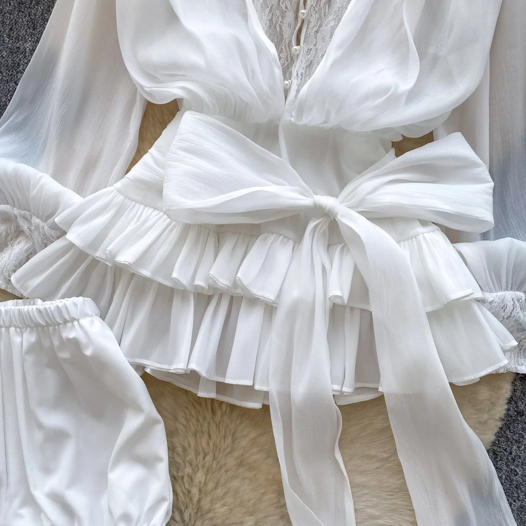 Fairycore Lace Chiffon Dresses With Stretch Shorts Pearl Button Bow Female Ruffles Sheer Seaside Holiday Mini Dress